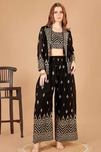 Women's black georgette crop top, palazzo & embroidered jacket set – sequins work, ready to wear, festive & wedding wear