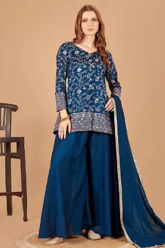 Women's embroidered teal blue silk short jacket-style kurta, palazzo & dupatta set