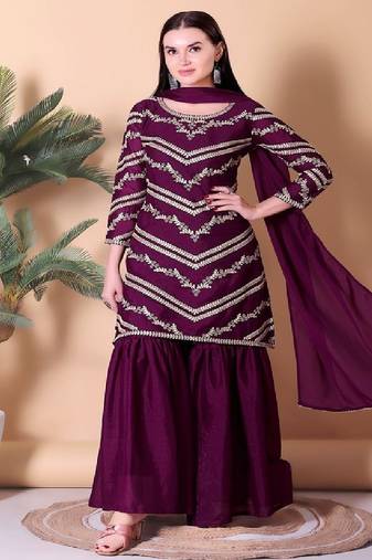 Women's embroidered wine color silk georgette kurta, sharara & dupatta set