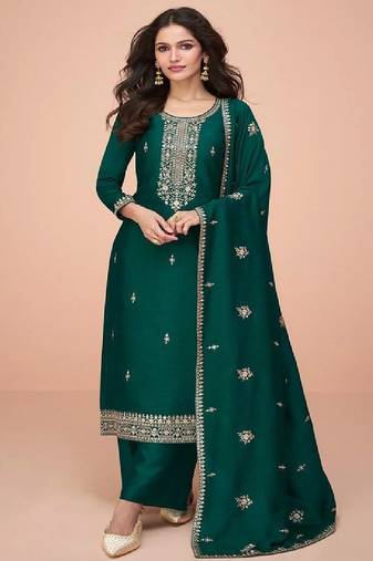 Women's embroidered green silk ready-to-wear salwar suit set with dupatta