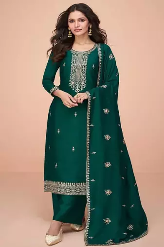 Women's embroidered green silk ready-to-wear salwar suit set with dupatta
