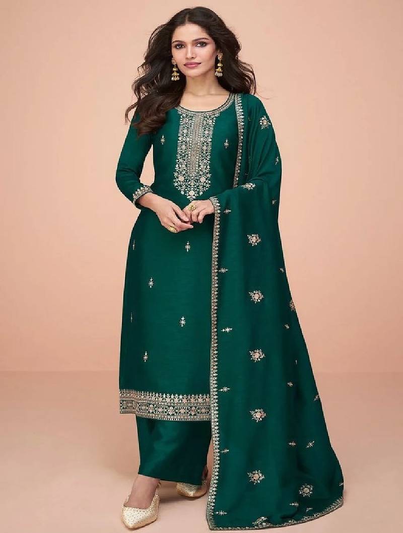 Women's embroidered green silk ready-to-wear salwar suit set with dupatta
