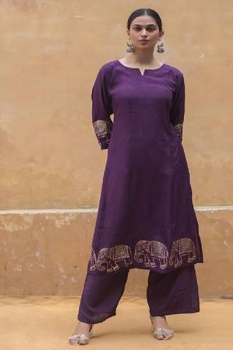 Women's art silk readymade kurta and palazzo set in rich wine