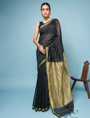 Black Blended Cotton Saree With Golden Border 1
