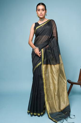 Black Blended Cotton Saree With Golden Border