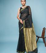Black Blended Cotton Saree With Golden Border