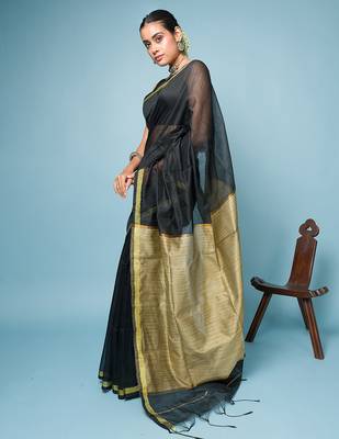 Black Blended Cotton Saree With Golden Border 2