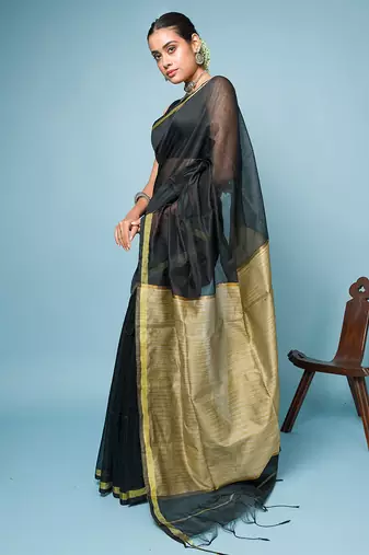 Black Blended Cotton Saree With Golden Border