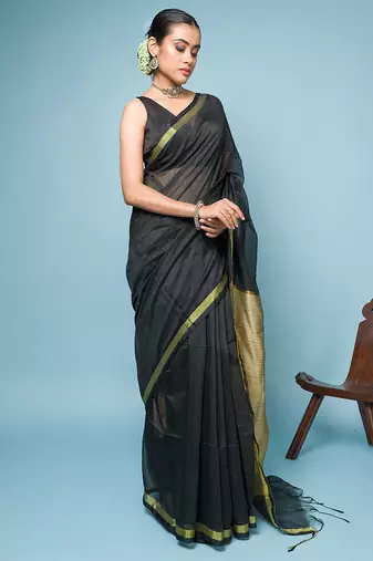 Black Blended Cotton Saree With Golden Border