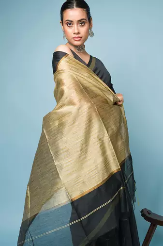 Black Blended Cotton Saree With Golden Border