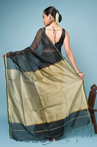 Black Blended Cotton Saree With Golden Border