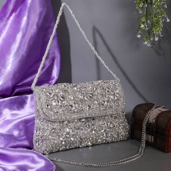Osty diyaara – premium hand zari embroidered bridal clutch with dual carrying options-silver 1