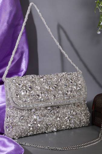 Osty diyaara – premium hand zari embroidered bridal clutch with dual carrying options-silver