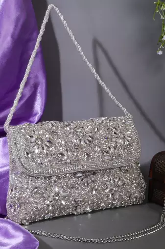 Osty diyaara – premium hand zari embroidered bridal clutch with dual carrying options-silver