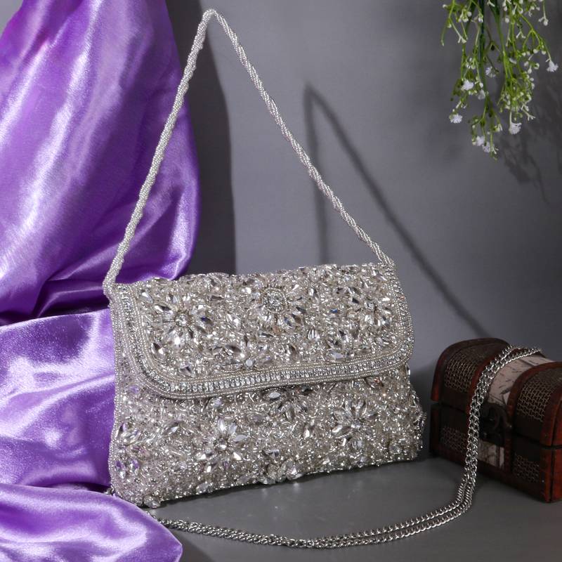 Osty diyaara – premium hand zari embroidered bridal clutch with dual carrying options-silver