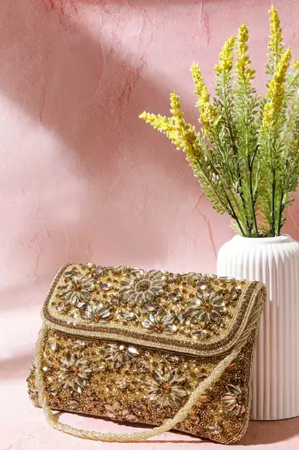 Osty diyaara – premium hand zari embroidered bridal clutch with dual carrying options-brown