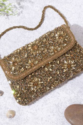 Osty diyaara – premium hand zari embroidered bridal clutch with dual carrying options-gold