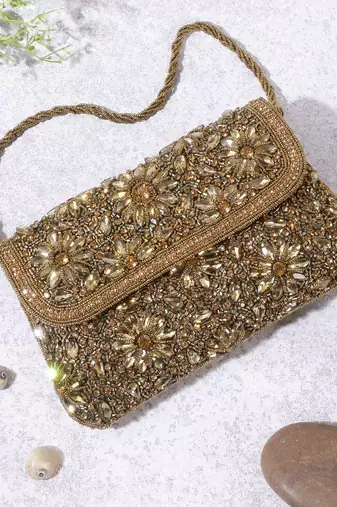 Osty diyaara – premium hand zari embroidered bridal clutch with dual carrying options-gold