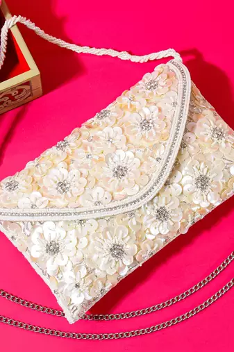 Osty fayenza – luxury handcrafted floral bridal clutch for women-white