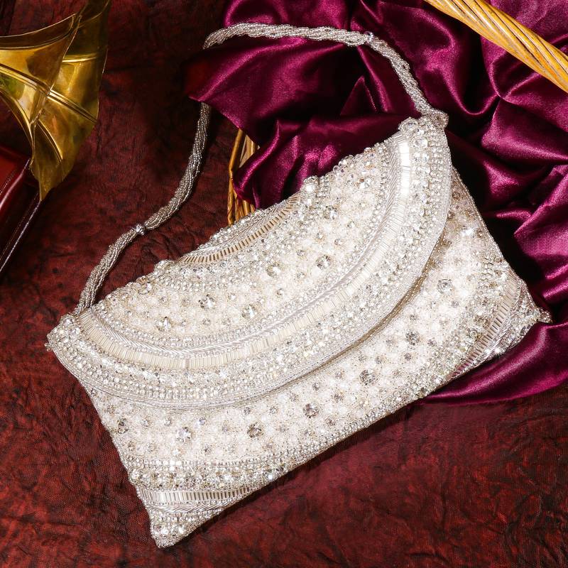 Orlina – premium hand embroidered designer clutch by osty-white