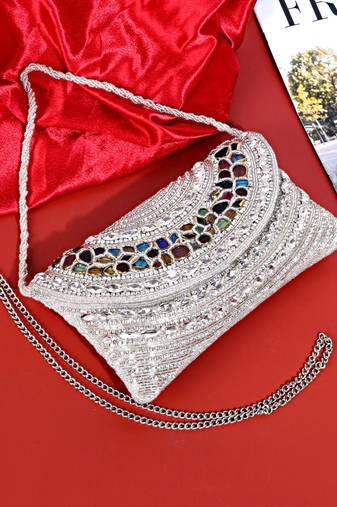 Osty celestia – handcrafted with multicolor gem embellishment & dual carry chain for wedding & occasion styling-silver