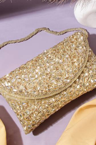 Osty roshni – premium hand zari embroidered bridal clutch with dual handle options-gold