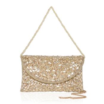 Osty roshni – premium hand zari embroidered bridal clutch with dual handle options-gold 2