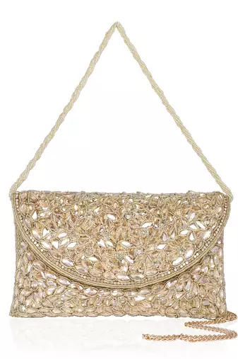 Osty roshni – premium hand zari embroidered bridal clutch with dual handle options-gold