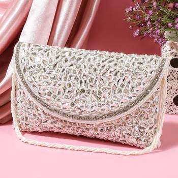 Osty roshni – premium hand zari embroidered bridal clutch with dual handle options-white 1
