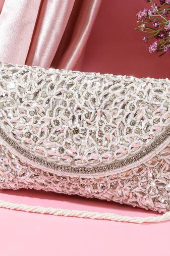 Osty roshni – premium hand zari embroidered bridal clutch with dual handle options-white
