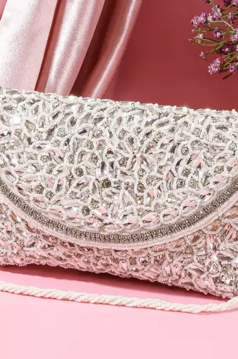 Osty roshni – premium hand zari embroidered bridal clutch with dual handle options-white