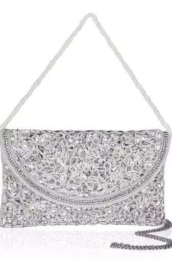 Osty roshni – premium hand zari embroidered bridal clutch with dual handle options-white