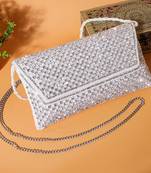 Osty sitara – premium hand-zari embellished bridal clutch with beaded handle & gold chain-white