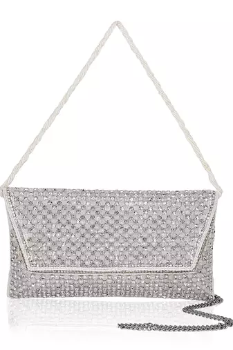 Osty sitara – premium hand-zari embellished bridal clutch with beaded handle & gold chain-white