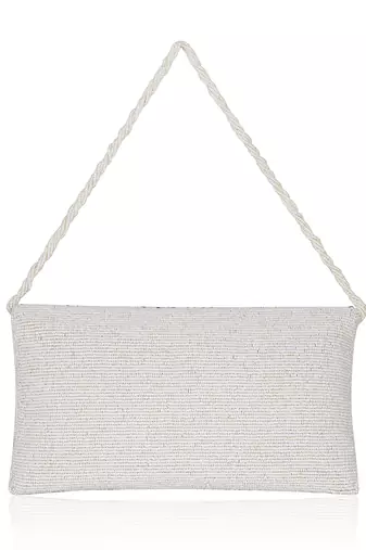 Osty sitara – premium hand-zari embellished bridal clutch with beaded handle & gold chain-white