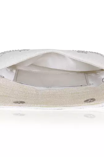 Osty sitara – premium hand-zari embellished bridal clutch with beaded handle & gold chain-white
