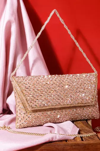 Osty sitara – premium hand-zari embellished bridal clutch with beaded handle & gold chain-gold