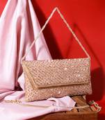 Osty sitara – premium hand-zari embellished bridal clutch with beaded handle & gold chain-gold