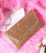 Osty sitara – premium hand-zari embellished bridal clutch with beaded handle & gold chain-beige
