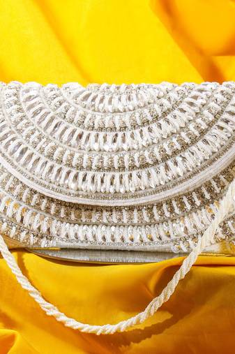 Osty ruhani – luxury hand-zari embroidered bridal clutch with dual carrying options-white