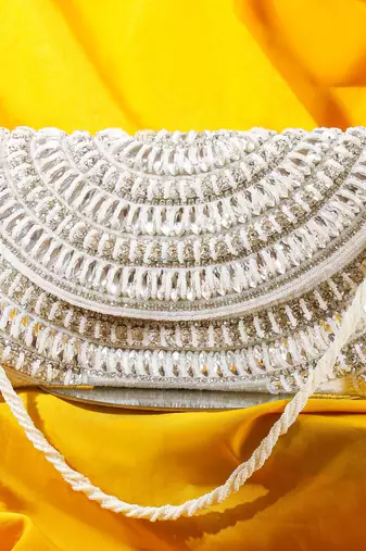Osty ruhani – luxury hand-zari embroidered bridal clutch with dual carrying options-white