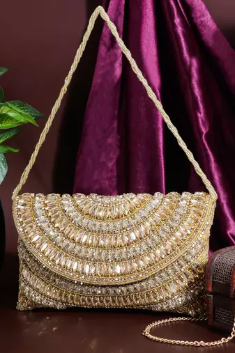 Osty ruhani – luxury hand-zari embroidered bridal clutch with dual carrying options-gold
