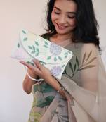 Osty lush – floral hand zari beaded clutch with dual handle | ivory base pastel embroidery bag- multy
