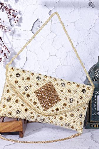 Osty aurelia – handcrafted diamond zari clutch with dual handle-gold