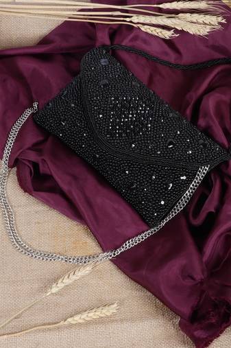 Osty aurelia – handcrafted diamond zari clutch with dual handle-black