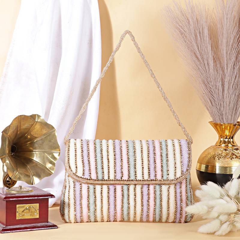 Osty luminara – handcrafted pastel zari clutch with dual handle-silver
