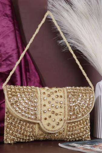 Osty nysa luxury handcrafted zari clutch bag with dual strap for wedding & parties-gold