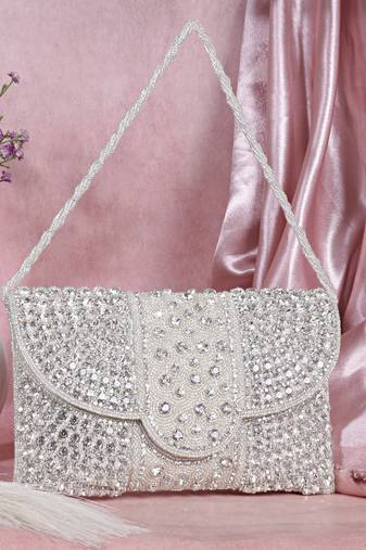 Osty nysa luxury handcrafted zari clutch bag with dual strap for wedding & parties-silver