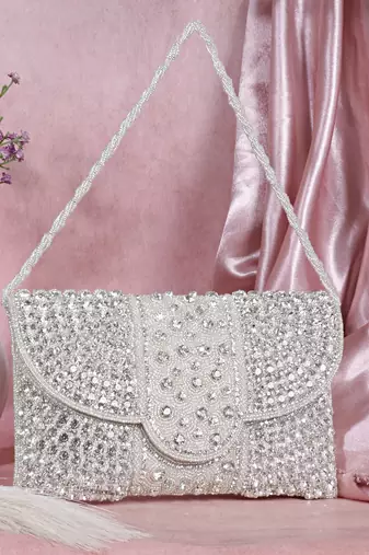Osty nysa luxury handcrafted zari clutch bag with dual strap for wedding & parties-silver