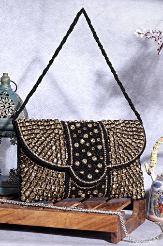 Osty nysa luxury handcrafted zari clutch bag with dual strap for wedding & parties-black